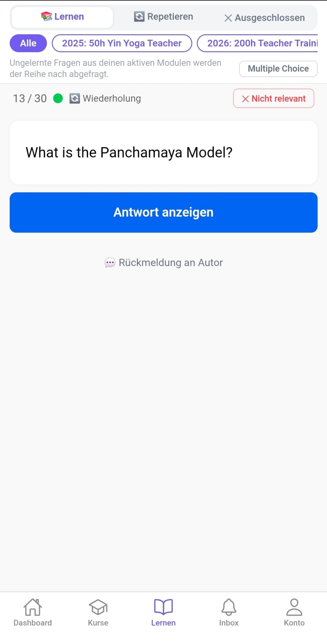YogaMentor Modul für Yoga-Philosophie mit Spaced-Repetition-Wiederholung.